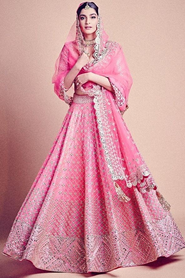 Sonam Kapoor in Abhinav Mishra, pink monochrome lehenga with silver embellishments 