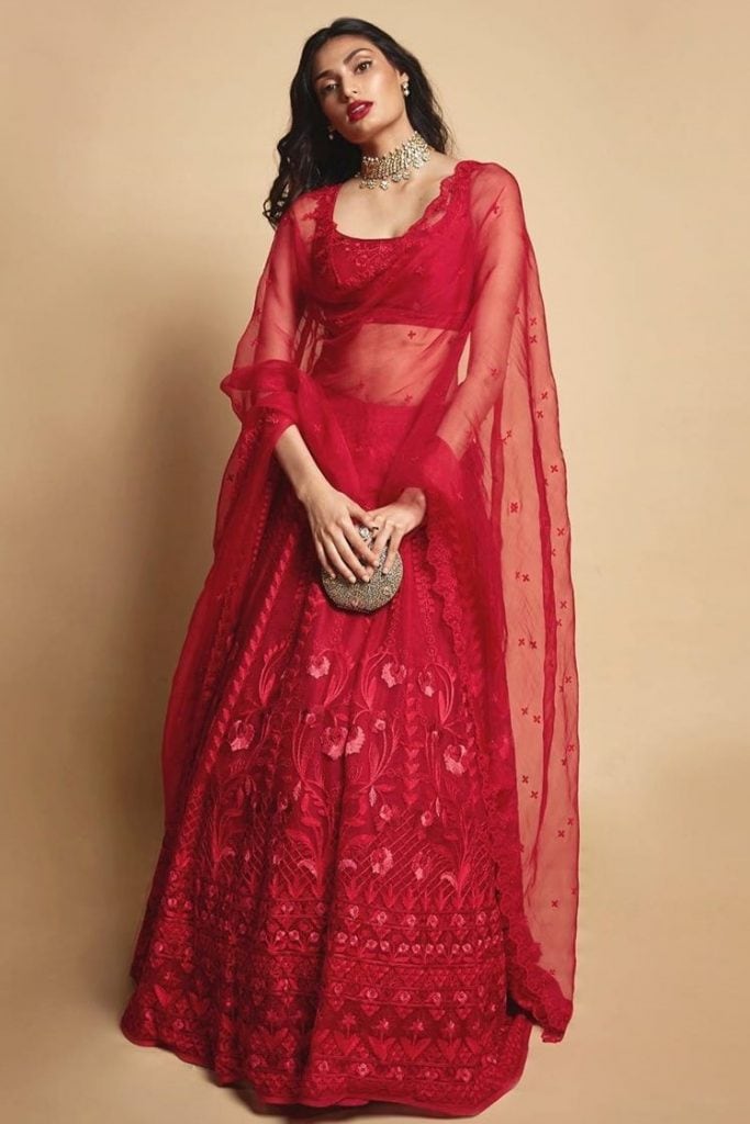 Athiya Shetty in red monochrome lehenga from Anita Dongre