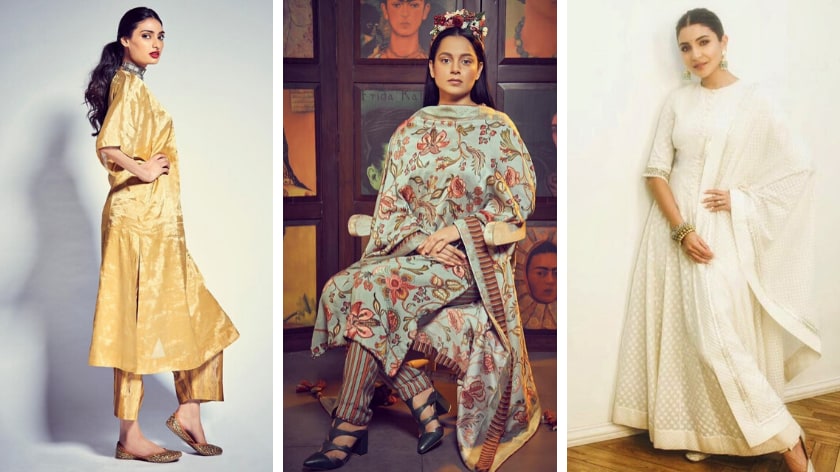 (From L to R) Athiya Shetty inAnavila, Kangana Ranaut in Torani, Anushka Sharma in Manish Malhotra