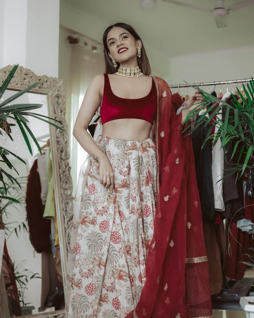 Komal Pandey wearing Torani saree as a lehenga