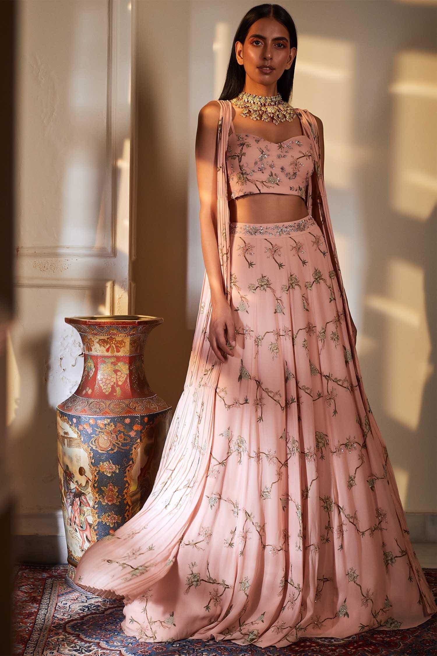 pastel pink printed lahenga with cape from Sana Barreja 