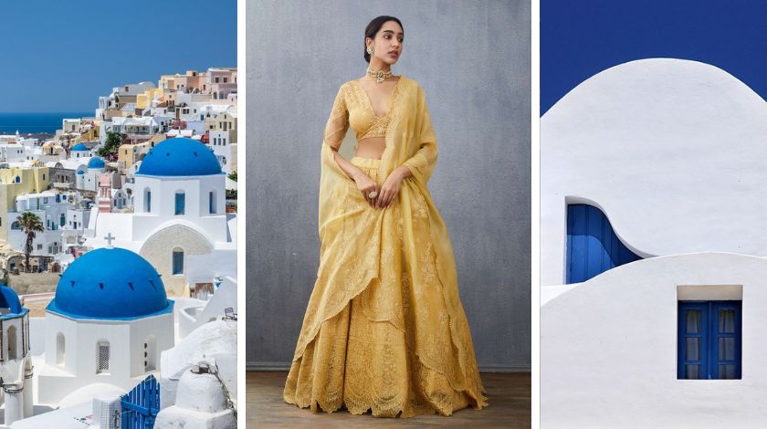 Destination wedding mood board, yellow designer bridal lehenga from Torani