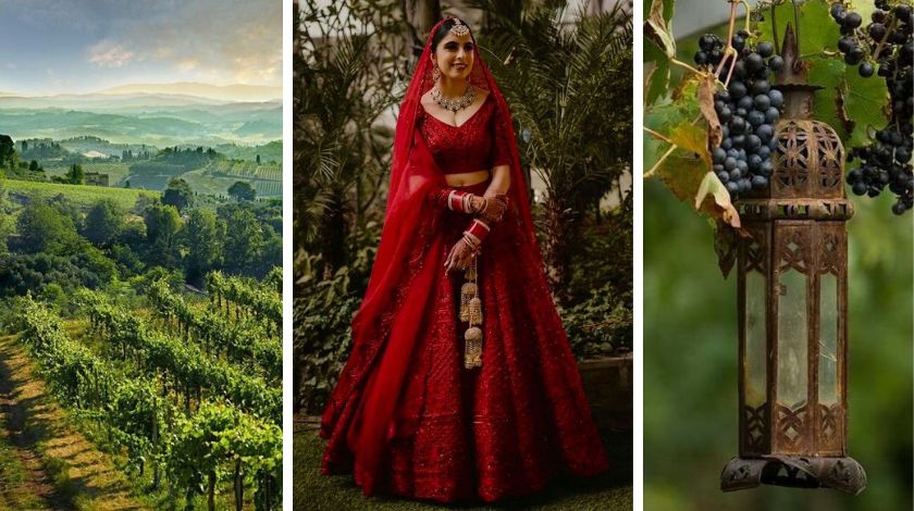 Destination wedding red designer lehenga for napa valley wedding inspo