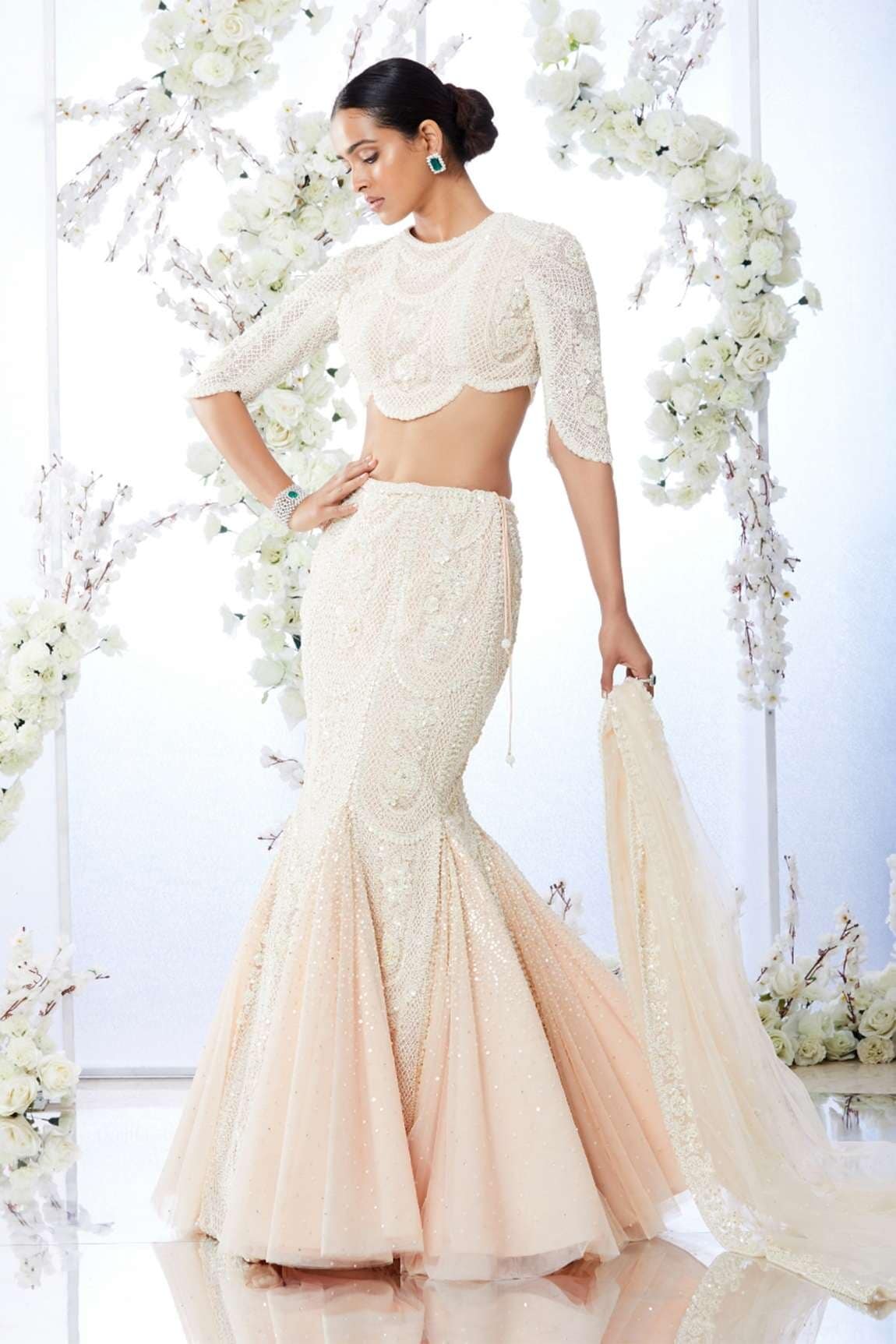 Seema Gujral white bridal lehenga for beach destination wedding