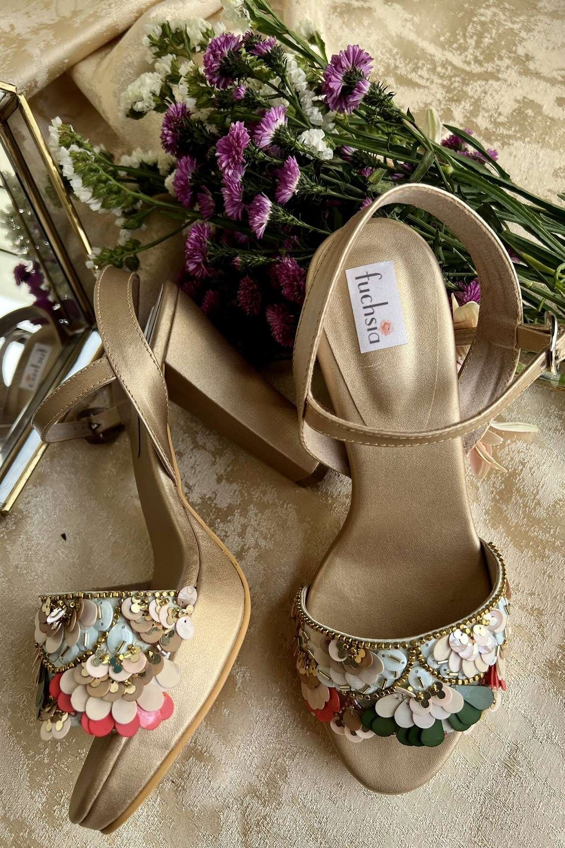 Sequined gold heels, block heel sandals for festive season. Latest indian  luxury accessories for women