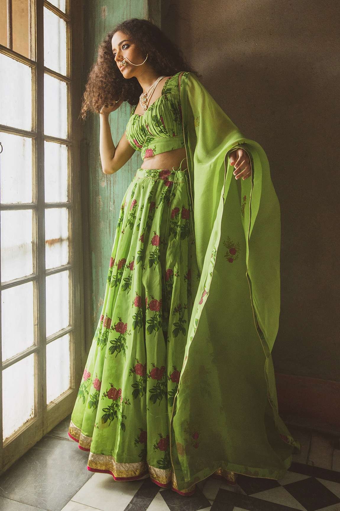 Green floral print lehenga from Label Earthern in Chanderi fabric