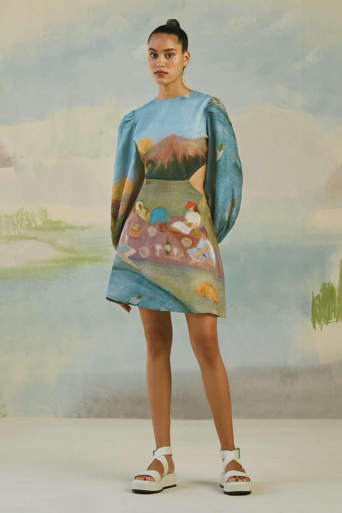 Blue pure linen dress from Cord. Designer Puff Sleeves dress with oil paint print.