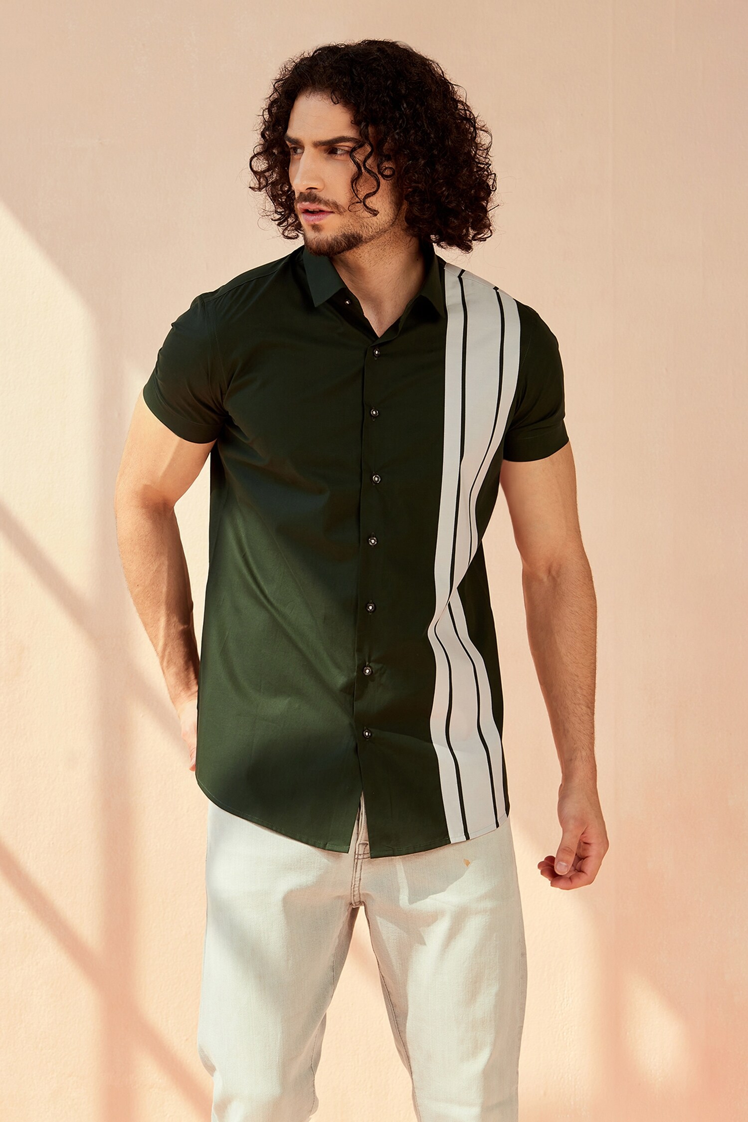 Seven - Green Cotton Satin Just Aston Striped Shirt | Aza Fashions