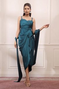 Green Satin Draped Dress With Stole