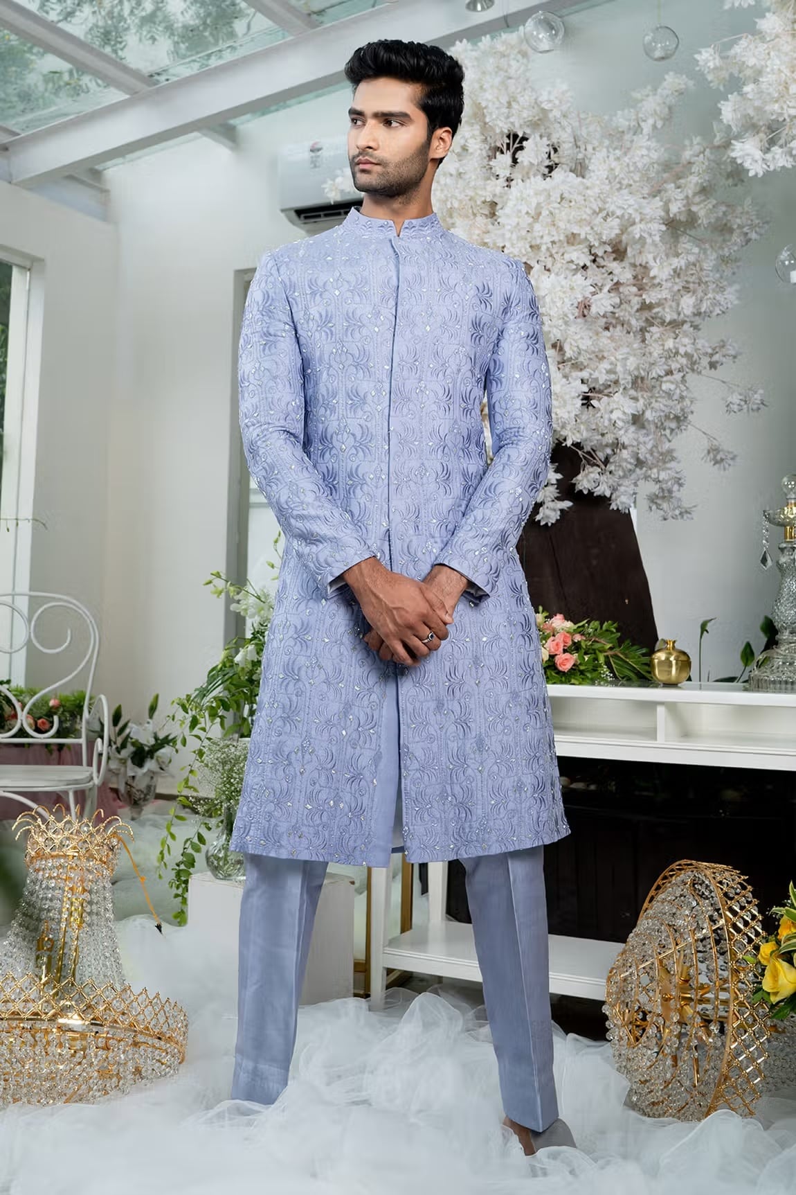 Blue Twill Silk Embroidered Sherwani And Pant Set