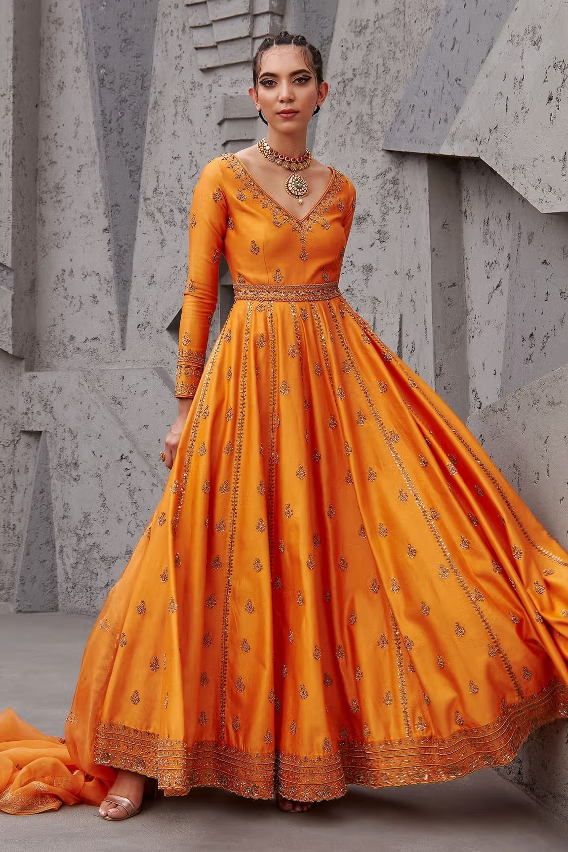 Orange Chanderi Embroidered Anarkali Set