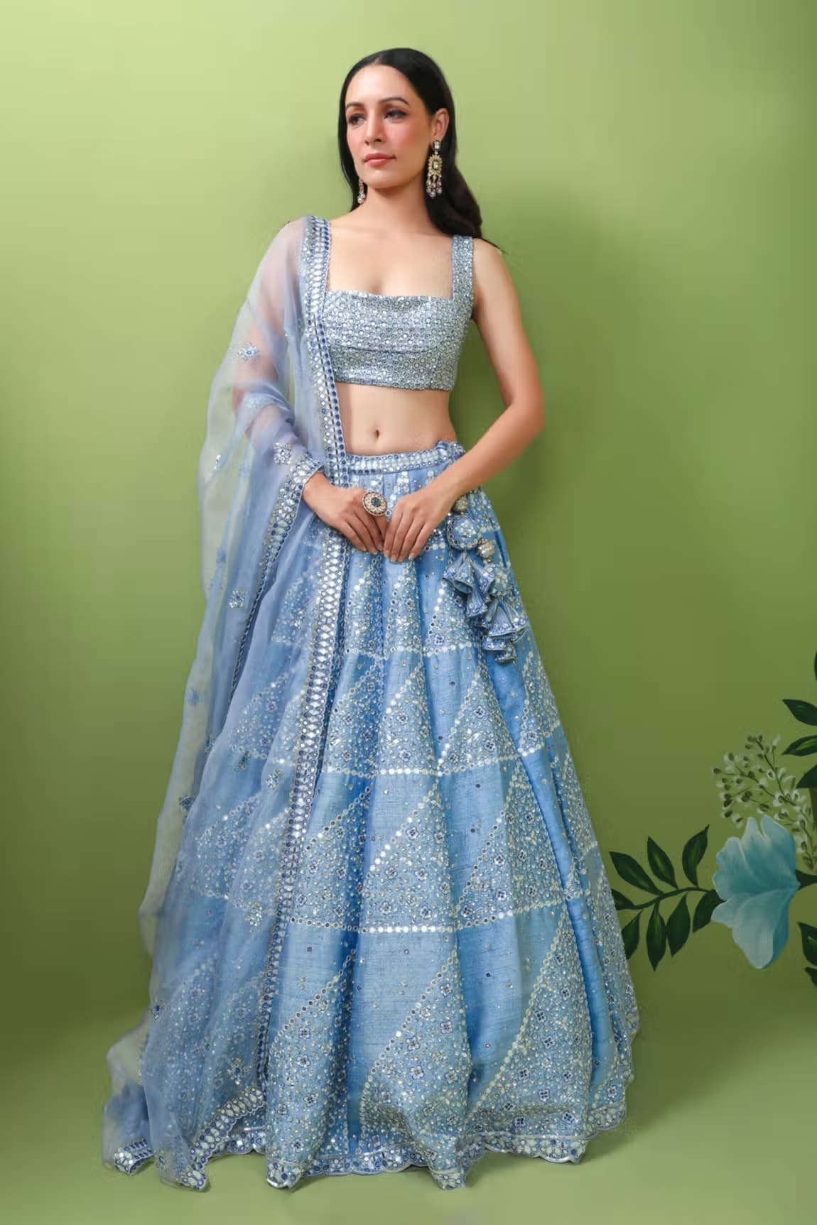 Blue Raw Silk Geometric Embroidered Lehenga Set