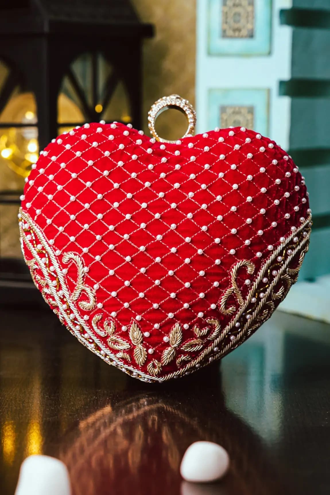 Velvet Embroidered Heart Clutch