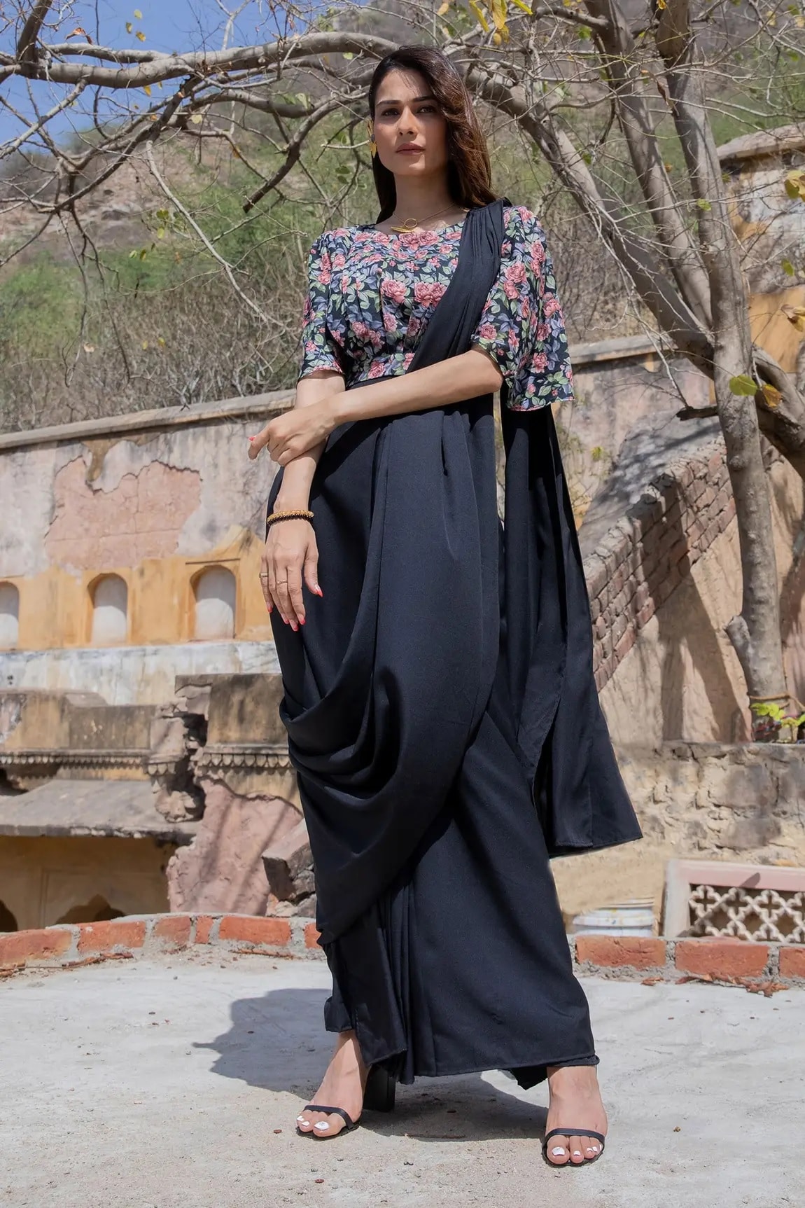 Black Linen Pre-draped Saree With Blouse