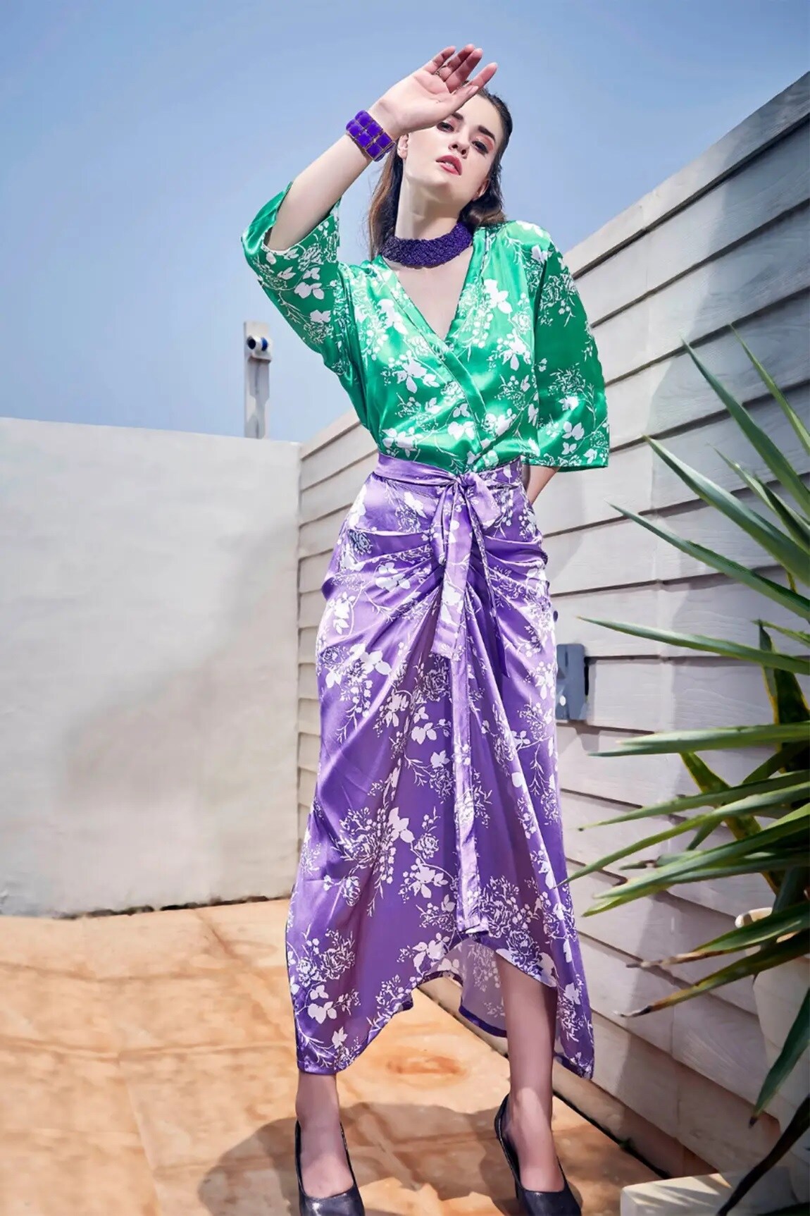 Green Satin Printed Top And Sarong Skirt Set