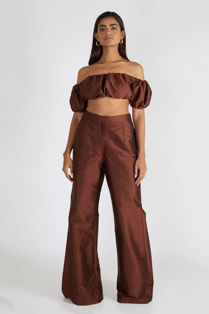 Brown Cotton Silk Off Shoulder Crop Top