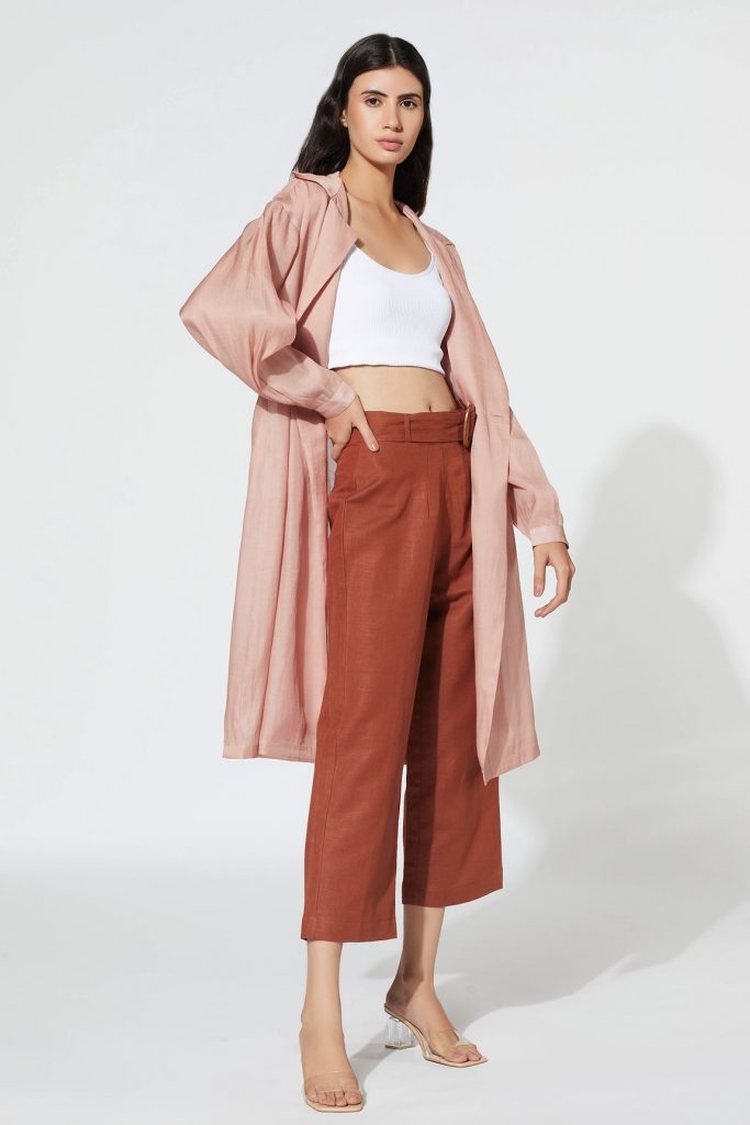 Pink Silk Organza Coat And Cotton Linen Pant Set