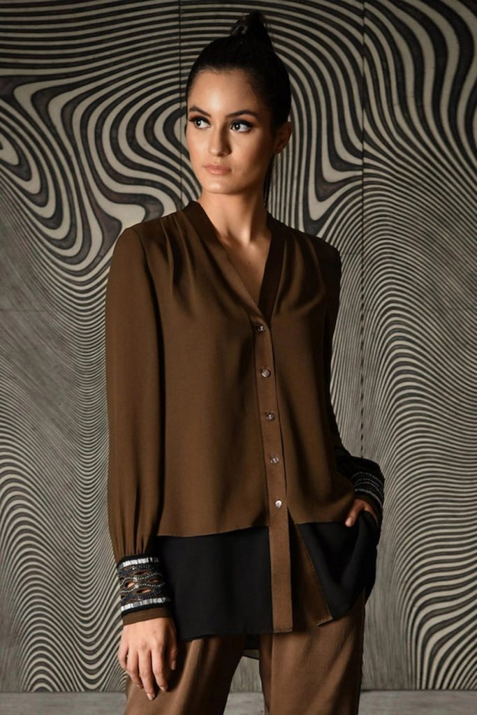 Brown Viscose Georgette Color Block Shirt