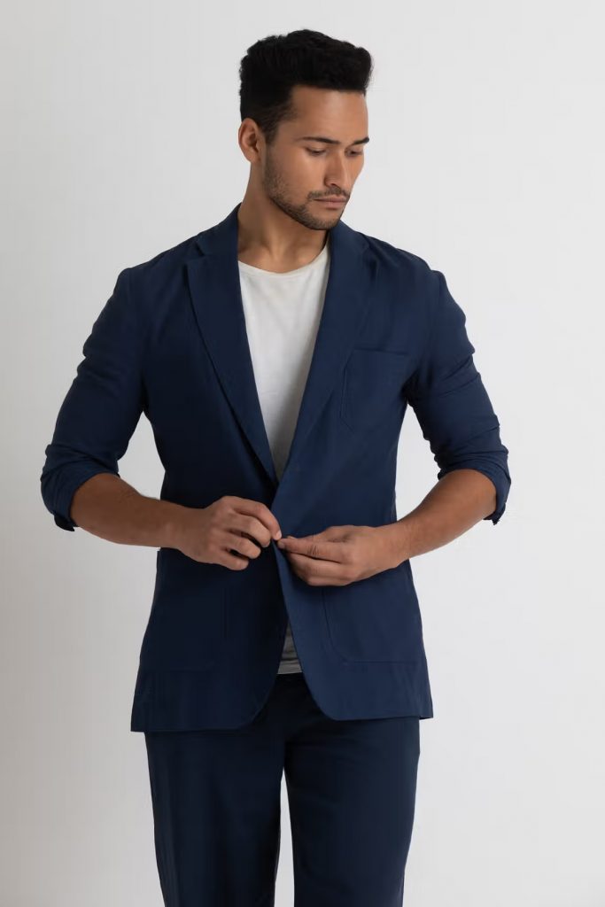 Blue Cotton Blazer And Pant Set