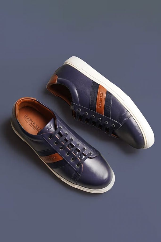 Blue Italian Soft Leather Striped Lace Up Leather Sneakers