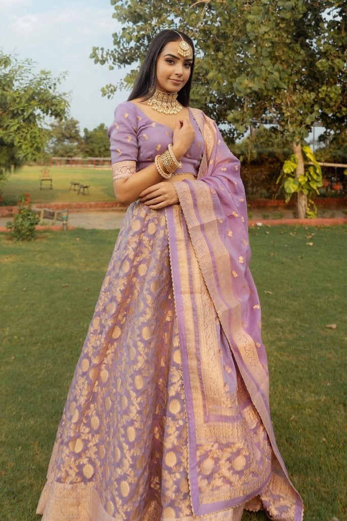 Purple Shantoon Jafna Organza Banarasi Woven Lehenga Set