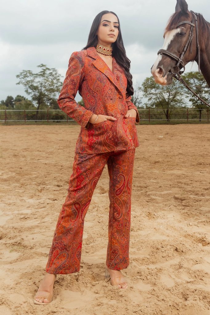 Red Satin Mishfah Woven Blazer And Pant Set