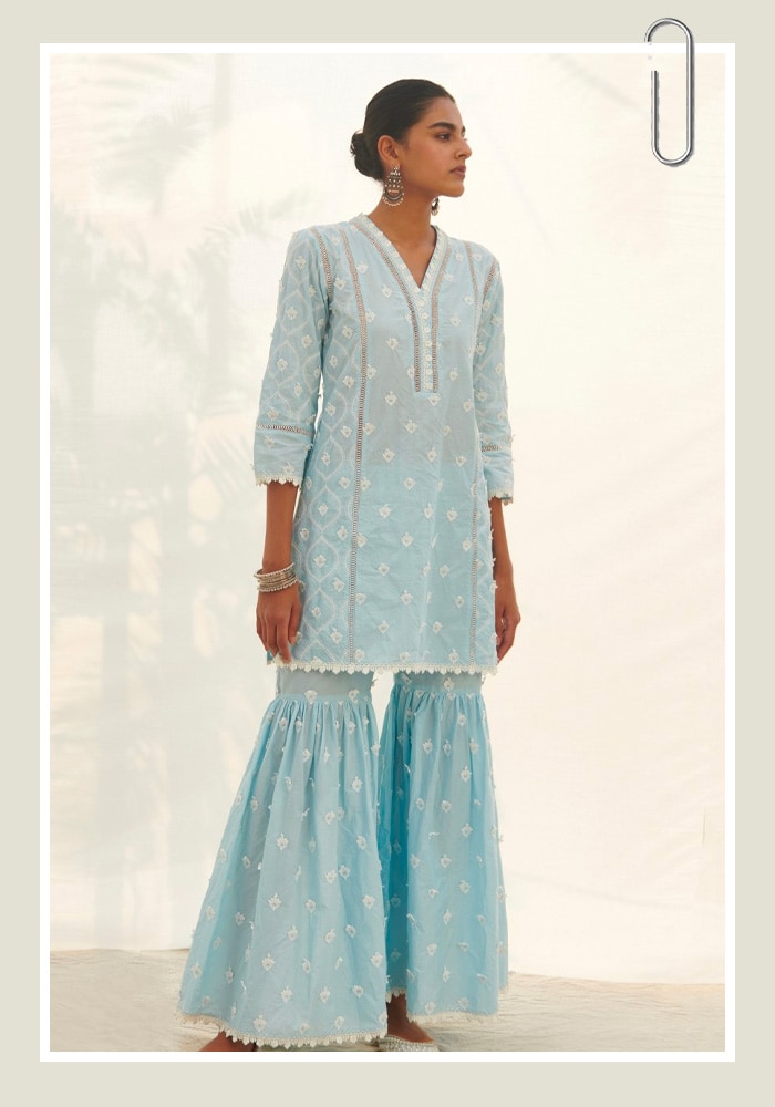 Panelled Kurta and Gharara Set- Mulmul | Aza Fashions