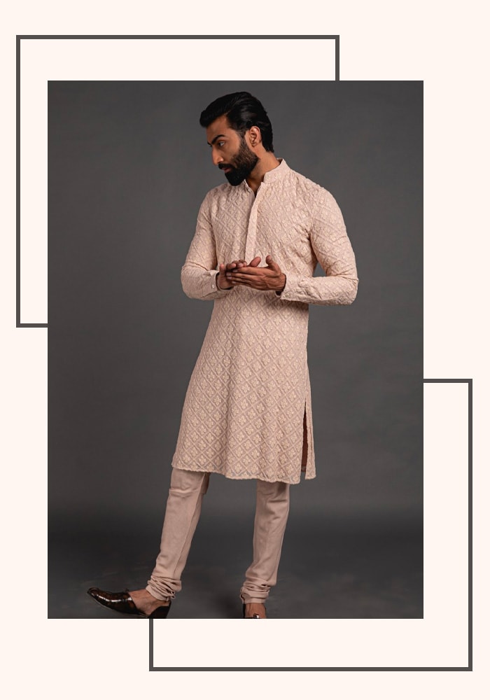 Beige chikankari embroidered kurta set | Aza Fashions