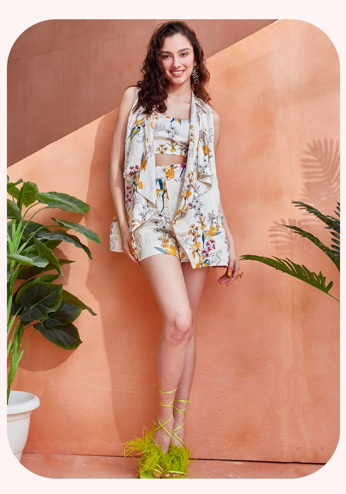 Label Deepika Nagpal Floral Print Jacket Shorts Set | Aza Fashions