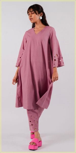 Cut Work Bell Sleeve Kurta with Pant - Aza Fashions