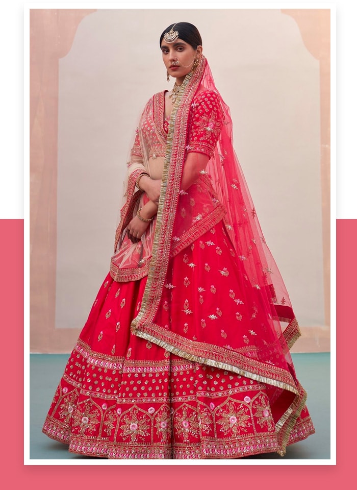 Red Raw Silk Zardozi Floral Pattern Lehenga Set