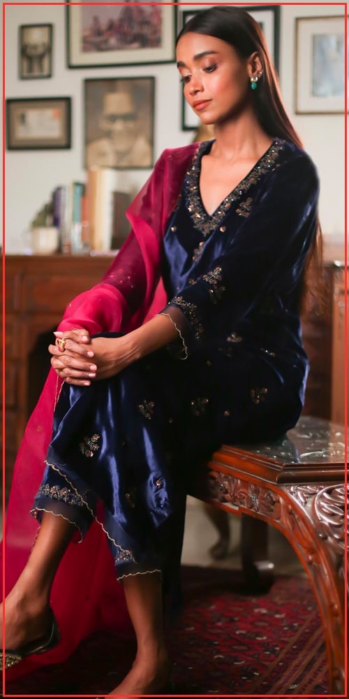 Velvet Embroidered Kurta Set - Aza Fashions