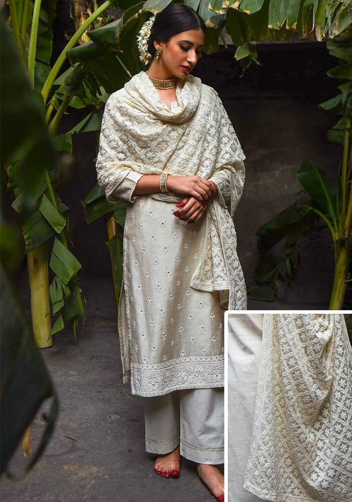 Beige Chanderi Chikankari Kurta Set