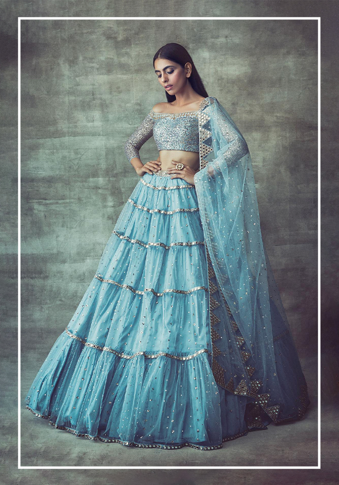 Blue Net Embroidered Off Shoulder Lehenga Set