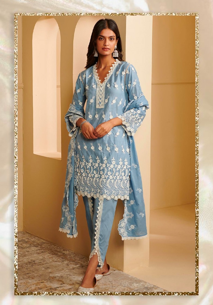 Blue Pure Mulmul Tilari Embroidered Kurta Dhoti Pant Set