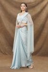 Blue Georgette Crepe Pre-draped Saree With Jacket Blouse