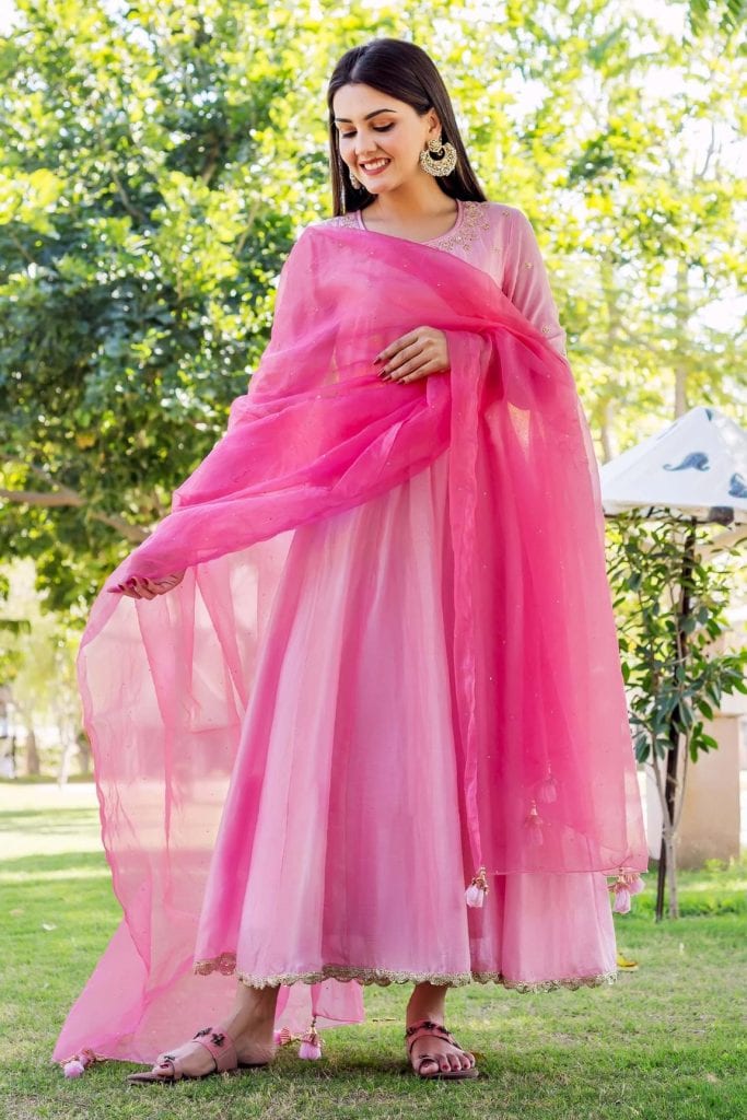 Pink Chanderi Anarkali With Dupatta