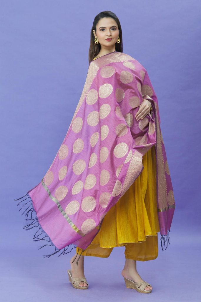 Pink Woven Cotton Silk Dupatta