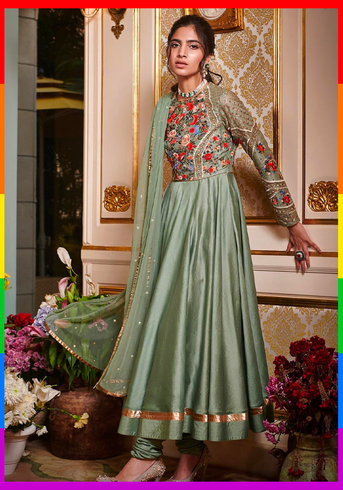 Green Chanderi Embroidered Anarkali Set