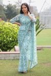 Green Georgette Tropical Print Saree With Peplum Blouse