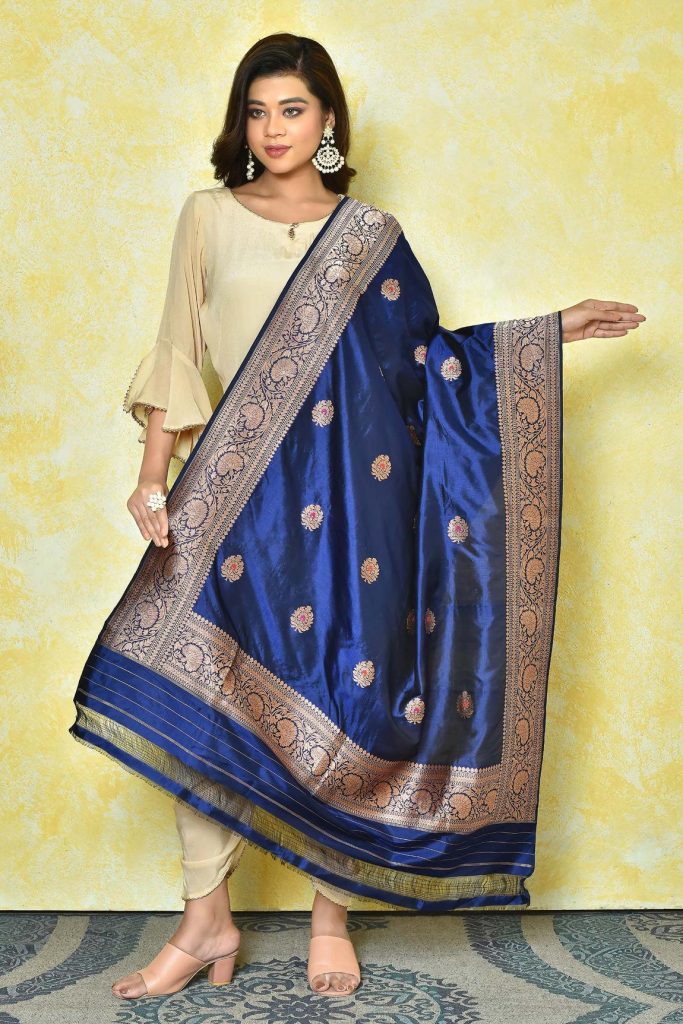 Blue Kantan Silk Floral Dupatta