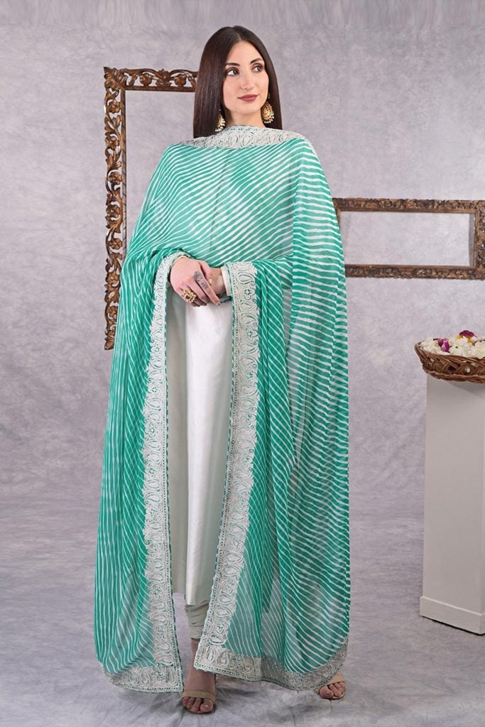 White Silk Kurta Set With Leheriya Dupatta