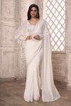 Off White Border Embroidered Saree With Bishop Sleeve Blouse