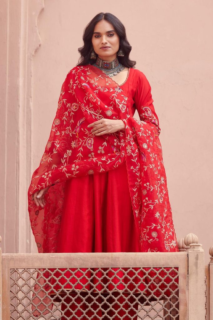 Silk Chanderi Anarkali Set With Organza Embroidered Dupatta