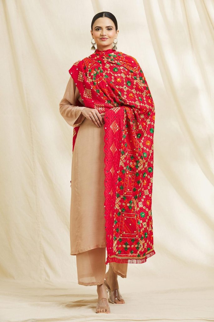 Satin Silk Phulkari Embroidered Dupatta