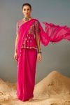 Pink Blended Georgette Pre-draped Saree With Peplum Blouse