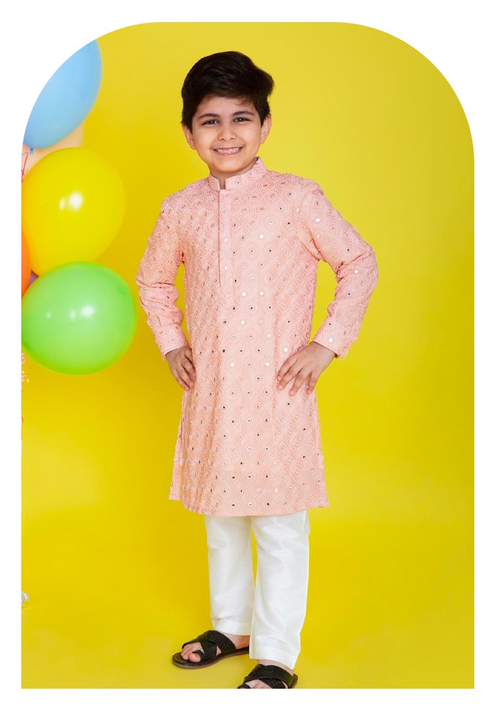 Pink embroidered kurta set for boys at Aza Fashions