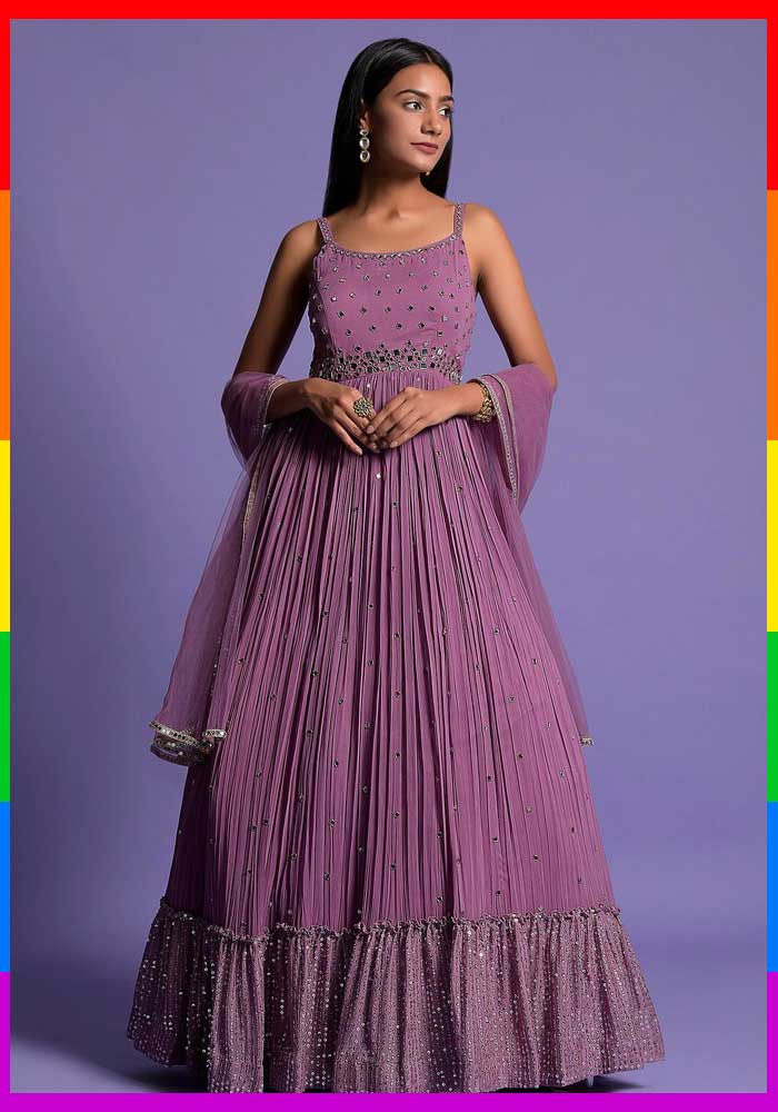 Purple Viscose Mirror Embroidered Anarkali With Dupatta