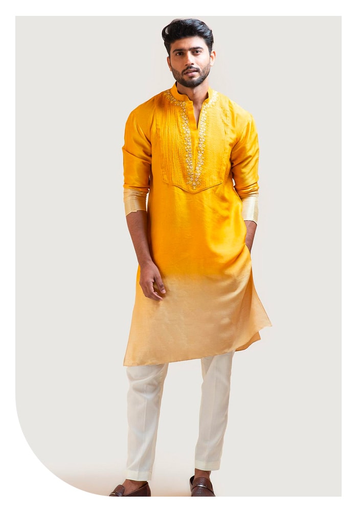 Smriti by Anju Agarwal Embroidered Yellow Kurta and Pant at Aza Fashions