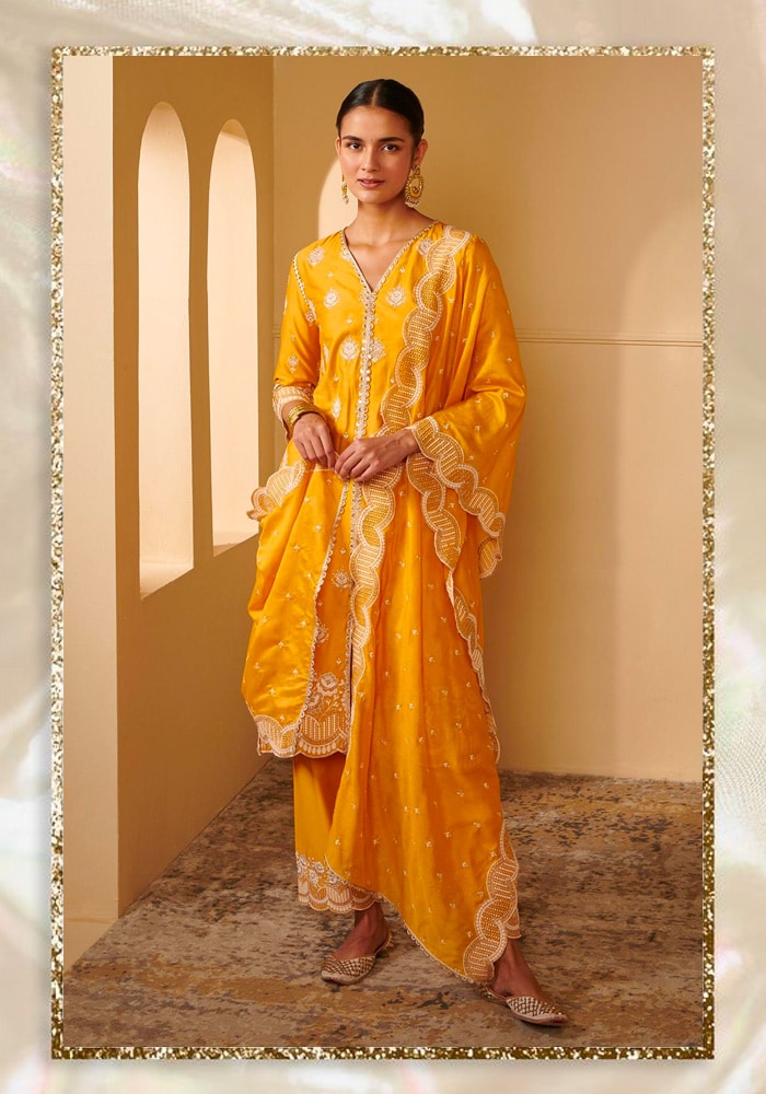 Yellow Pure Mulmul Periyar Embroidered Kurta Pant Set